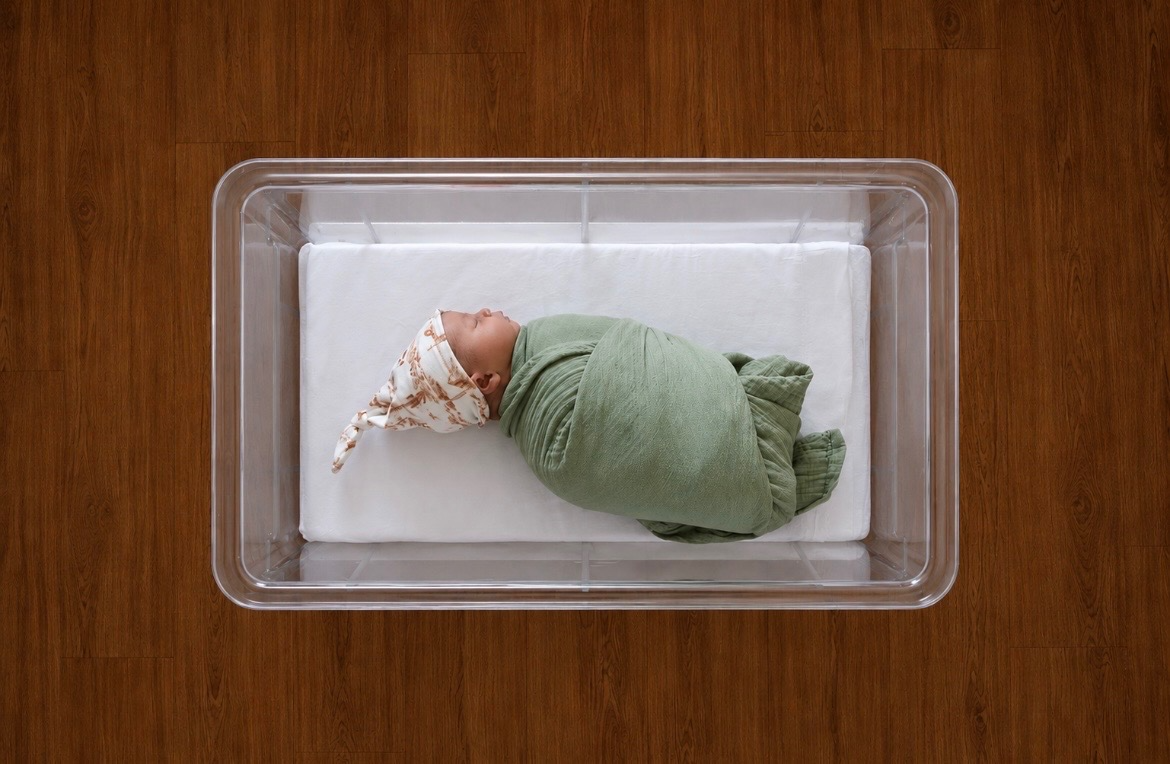 Overhead frame of Waylon in the bassinet on warm wood floor