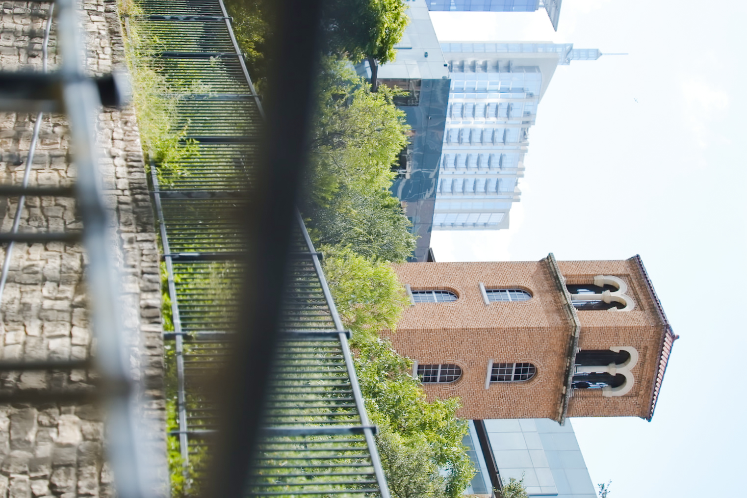 A brick bell tower rising above trees and the downtown skyline